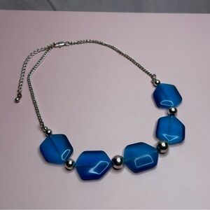 Aqua Blue and Silver Tone Geometric Statement Necklace